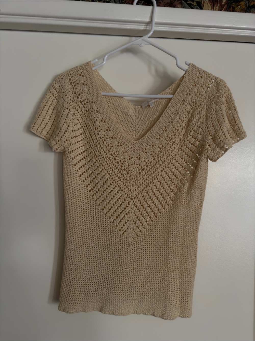 Ann Mashburn - Light Beige Crochet V-Neck Short Sleeve Top - Size S